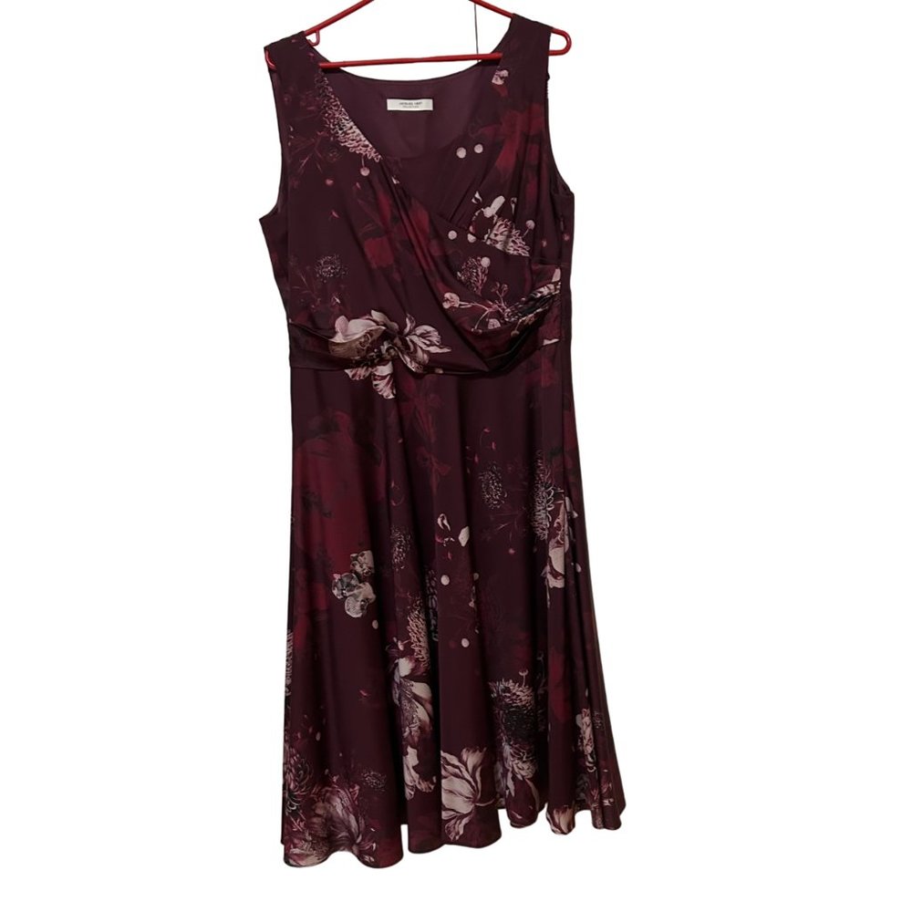 US14 Jacques Vert Floral Midi Dress, Silk Burgundy V-neck, Sleeveless A-line